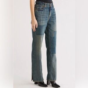 Good American Patchwork Straight-Leg Jeans - Blue Denim